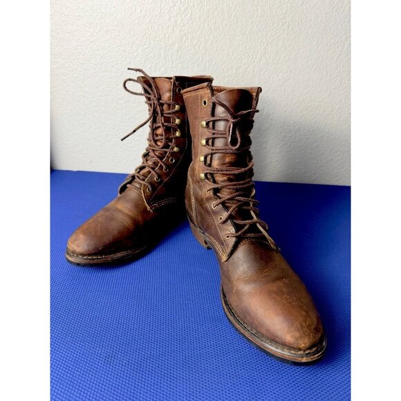 Vintage Bronw Leather Logging Boots Vibram Sole Packer Style Size 10D 1970s